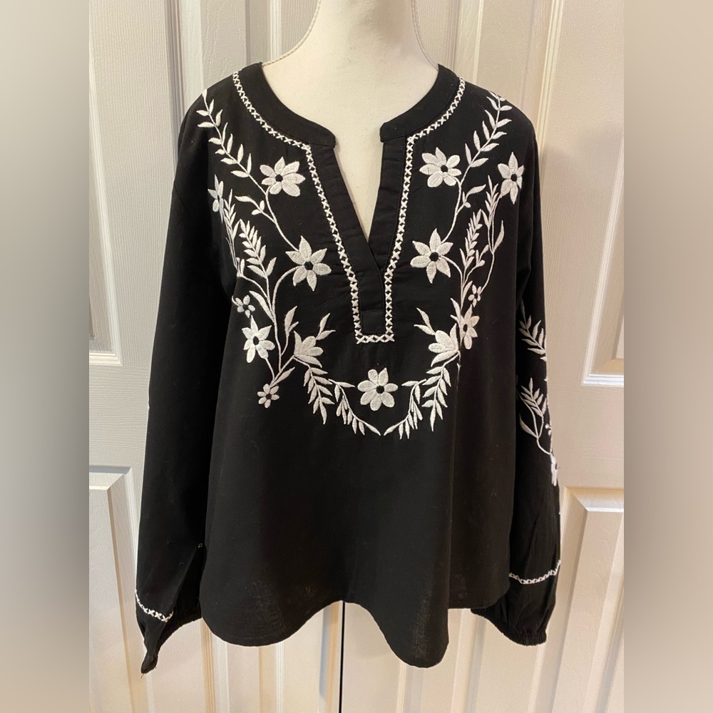 Joie Black with White Embroidery Cotton and Flax Peasant Blouse Size XL